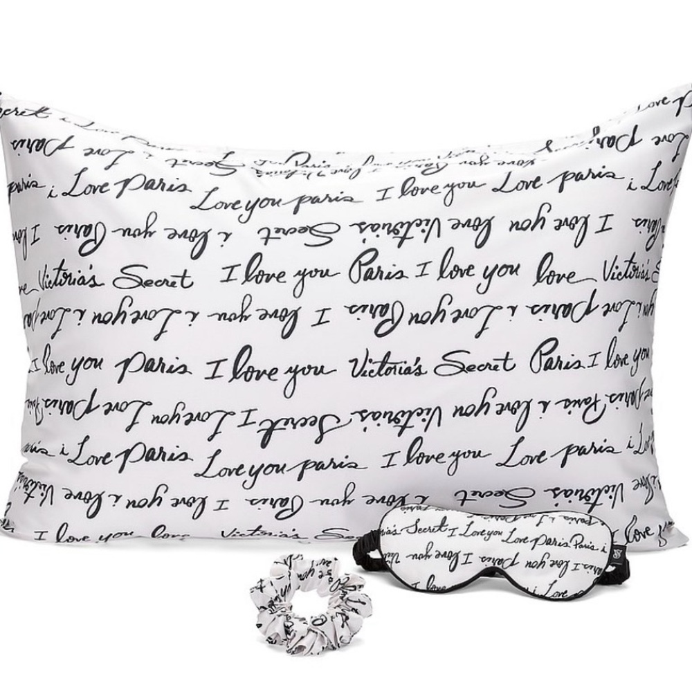 Victoria's Secret VS 3-Piece Satin Sleep Accessories Gift Set Black/White Script